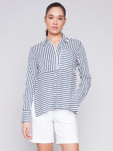 Load image into Gallery viewer, CHARLIE B STRIPED LONG SLEEVE BLOUSE NAVY
