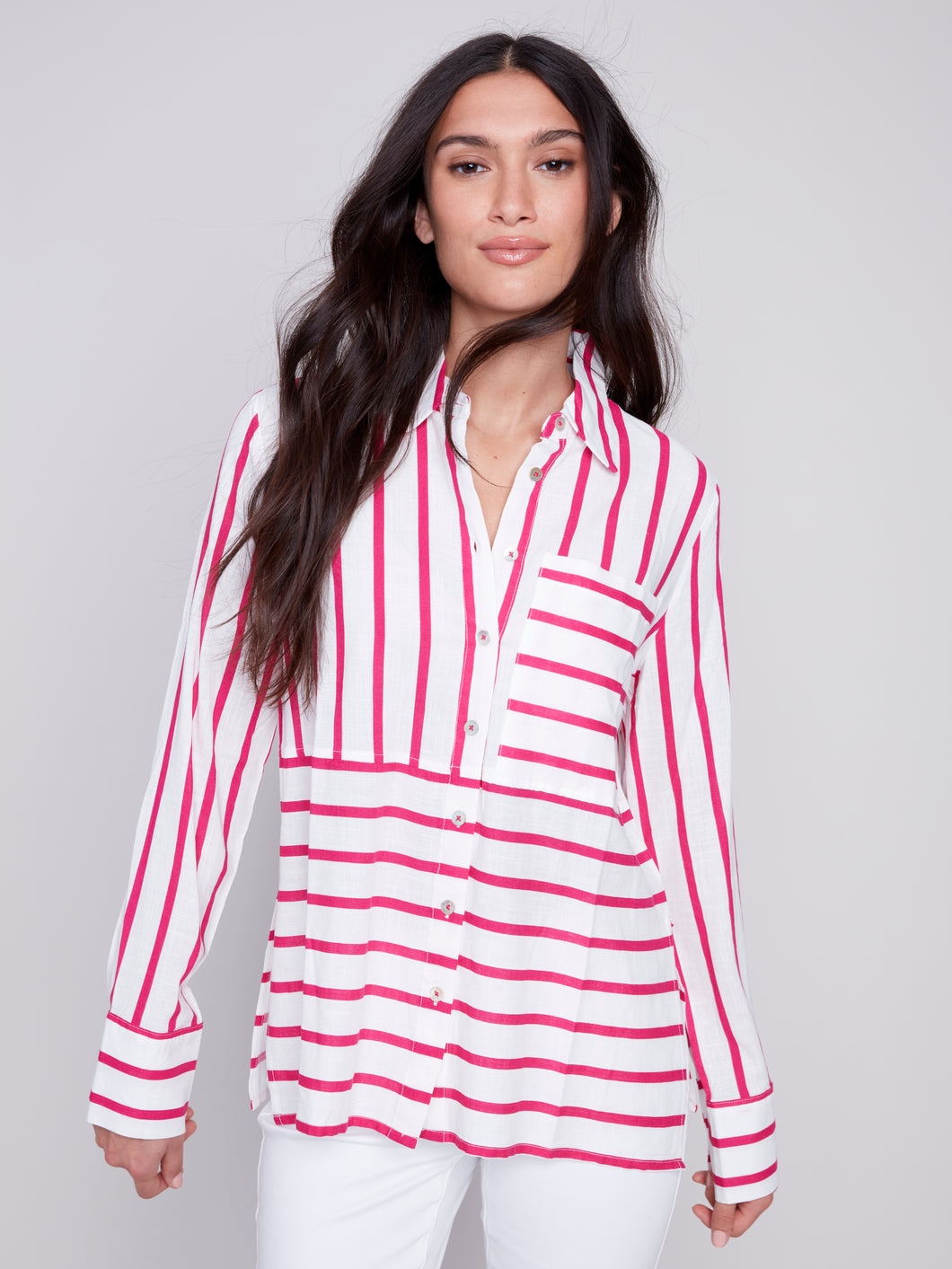 CHARLIE B STRIPED LONG SLEEVE BLOUSE PUNCH